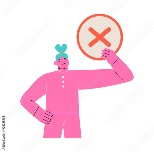 Woman holding a cross symbol. Concept of disagree. Colorful vector illustration