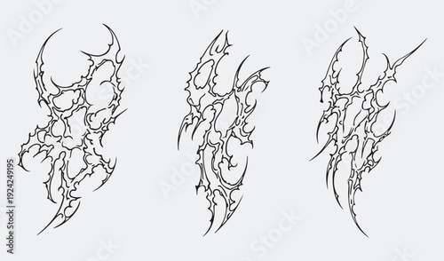 Sketch Cyber Sigilism Vector Set. Gothic Neo Tribal Abstract Shapes. Y2K Edgy Graphic Elements for Streetwear, Clothing Brand Apparel, and Modern Tattoo Design. Black Futuristic Sigil Illustration.