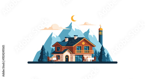 Cozy mountain chalet at sunset with snow peaks and warm lights illustration