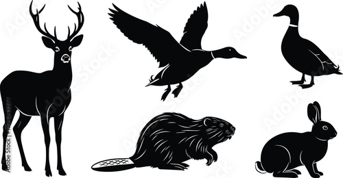 Wildlife silhouette collection with deer duck beaver and rabbit for hunting club branding nature conservation and woodland forest animal designs, cad drawing flat vector illustration