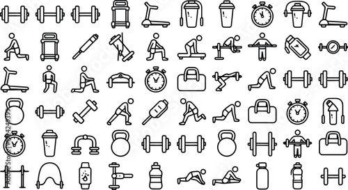 Fitness Icons Collection: A comprehensive set of fitness icons, meticulously designed for clarity and versatility. From dumbbells and treadmills to exercise equipment and silhouettes. 