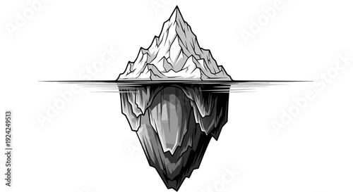Sharp iceberg illustration, white background, sharp edges, clear water line, dramatic reflection, isolated, majestic