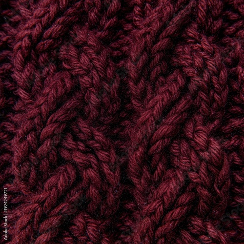 Cable knit pattern macro, thick wool yarn, deep burgundy color, shadows emphasizing the twisted cable structure
