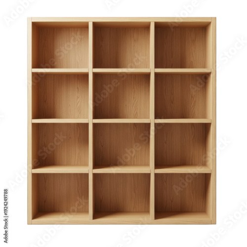 Minimalist wooden bookshelf with 12 square cubby holes, light oak wood storage cabinet, empty timber display shelf isolated on white background