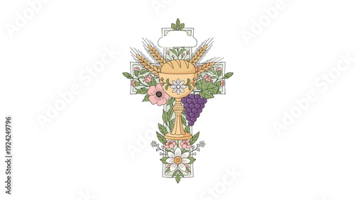 Ornate Christian cross design decorated with flowers and traditional symbols of the Eucharist including bread, wine, and wheat stalks.