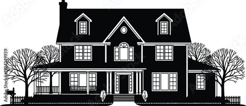 Detailed Architectural Illustration of a Suburban House with Porch, Fence, and Trees