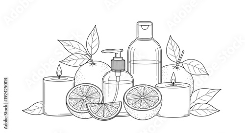 Spa essential oils bottle, candles, orange fruits slices, and leaves isolated on white background vector illustration