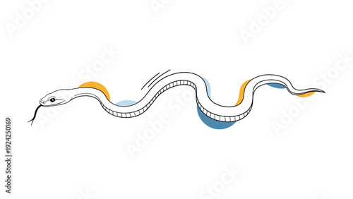 Simple hand drawn line art sketch of a long snake slithering horizontally with colorful abstract spots in the background.