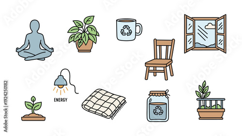 Eco-Friendly Icon Set: A vibrant collection of eco-conscious icons, celebrating sustainable living and environmental awareness, illustrating concepts of mindfulness, recycling, nature, energy.