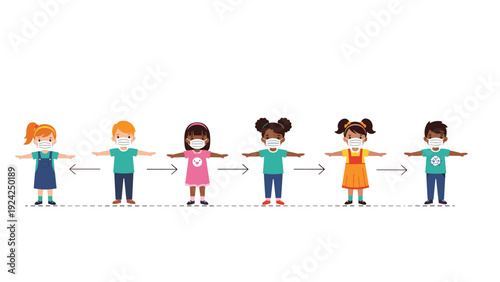 Group of diverse children wearing face masks and standing at a distance with arrows between them to demonstrate social distancing rules.