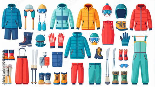 Winter Sports Clothing and Equipment Vector Set – Jacket, Boots, Helmet and Snow Gear Collection