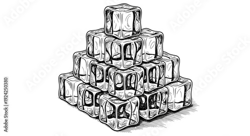 Stack of ice cubes pyramid shape clear frosty blocks on white background