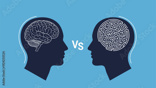 Conceptual illustration comparing logical thinking with complex problem solving showing one head with a brain versus another with a maze.