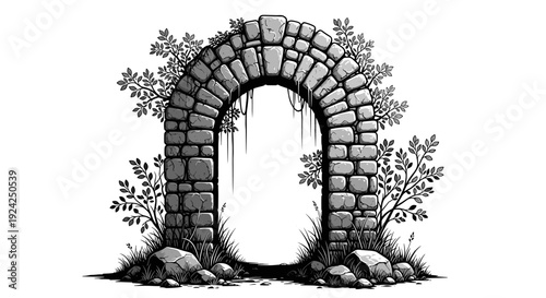 Stone archway in garden with overgrown plants and ivy surrounding ancient rock entrance to mystical pathway
