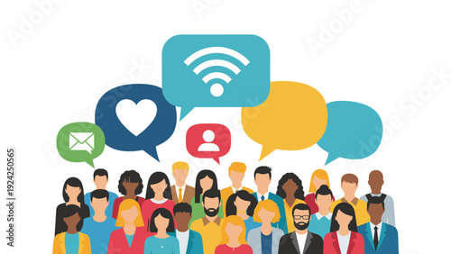 Diverse crowd of people with various social media icons like heart, wifi, and mail floating in speech bubbles above them for connectivity.