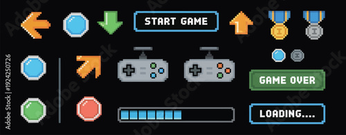 Pixel Art Arcade UI Set. 8 Bit Retro Buttons, Arrows, Joystick, Progress Bar, Trophies and Awards with Game Over Text. Video Console Interface Icons and Pixelated Heart, Medal, Gamepad.