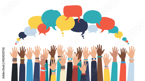 Many diverse hands reaching up towards a large collection of colorful overlapping speech bubbles representing an active community voice.