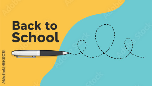 Education concept background with back to school text and a ballpoint pen drawing a decorative dashed line across yellow and teal sections.