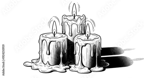 Three burning wax candles with melting drips and shadows in artistic stipple shading and ink drawing style