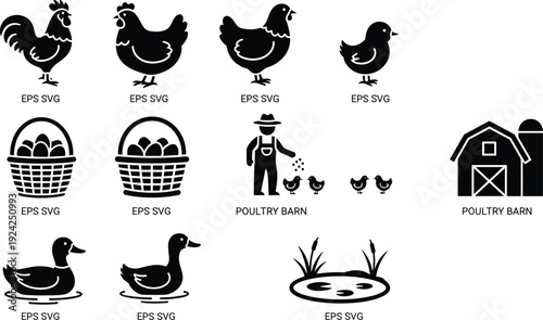 Diverse Silhouette Collection of Chickens, Ducks, and Rural Farm Life