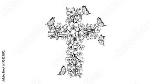 Artistic black and white line drawing of a Christian cross composed entirely of delicate flowers and surrounded by fluttering butterflies.