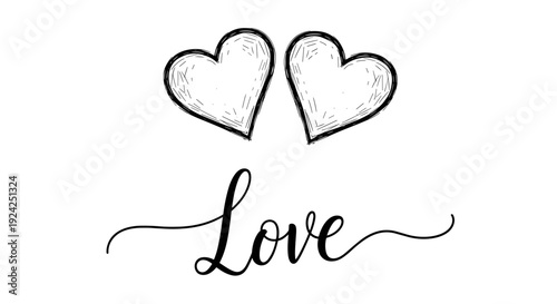 Two hearts in sketch style forming love symbol illustration with calligraphy text below