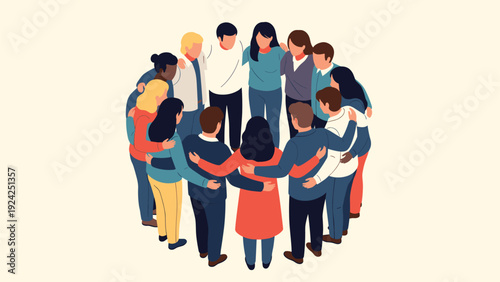 Diverse group of people standing together in a tight circle or huddle looking inwards to represent close teamwork and unity.