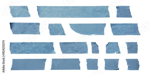 A collection of various torn pieces of blue painter's tape isolated on a clean white background