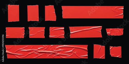 A collection of red adhesive tape pieces of different lengths and textures on a dark background
