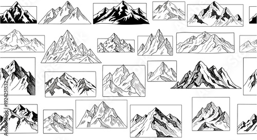 Various mountain peaks and ranges in black and white sketch style, isolated over clean white background