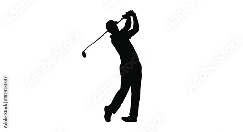 Golfer in mid swing a striking black form against white background silhouette