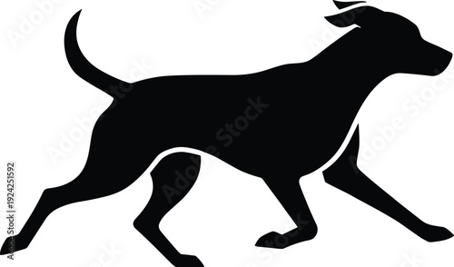 Dynamic Running Dog Silhouette: Minimalist Black and White Illustration of a Fast-Moving Hound or Labrador for Pet Care, Athletics, and Animal Motion Concept