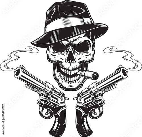 Skull gangster with guns and fedora vector illustration