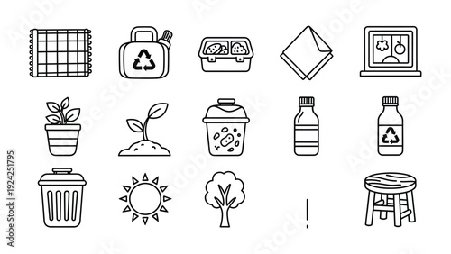 Eco-Friendly Symbols: A collection of simple, clean line illustrations showcasing diverse environmental concepts. Includes a range of elements symbolizing sustainability, nature.