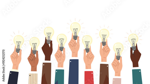 Diverse multiracial hands raising glowing light bulbs together against a white background for creative ideas concept.