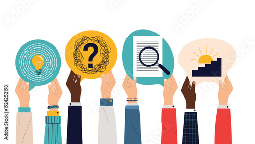 Human hands holding colorful icons representing solution finding, research, problem solving, and professional growth.