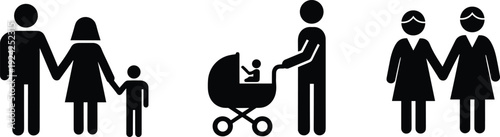 Family and Social Unity Icon Set: Silhouette Illustrations of Parents with Child, Stroller, and Couples Holding Hands