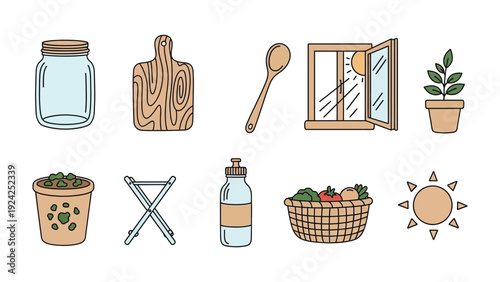 Eco-Friendly Essentials Collection: A collection of simple objects representing sustainable living and eco-consciousness, promoting a minimalist lifestyle.