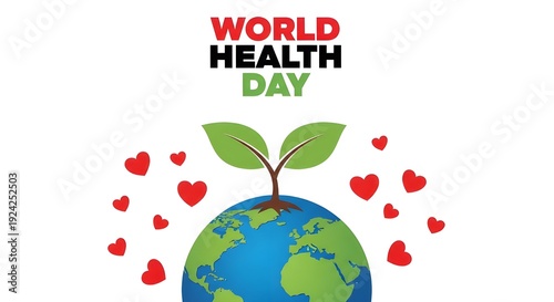 World health day illustration with earth and hearts.
