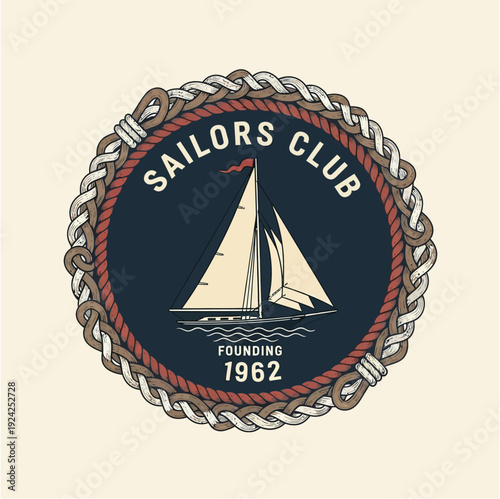 Sailors Club Vintage Maritime Badge with Sailboat and Ropes