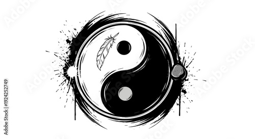 Yin yang symbol with ink splash effect and contrasting colors and elements