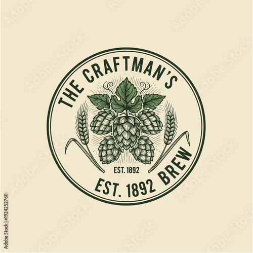 Brewery Vintage Logo with Hops Barley and Scythe for Craft Beer Est 1892