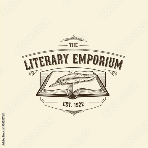 Literary Emporium Bookshop Vintage Logo Design with Quill Pen