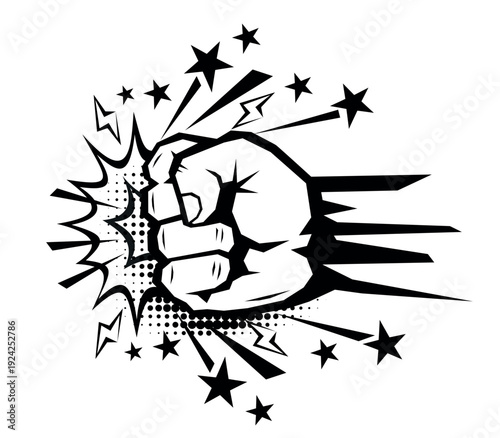 Explosive blow fist, straight punch by strong fist in comic style. Vector on transparent background