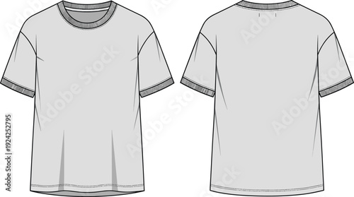Basic t shirt technical drawing front and back view, short sleeve apparel flat sketch vector template