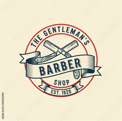 Vintage Gentleman Barber Shop Logo with Straight Razors Established 1920