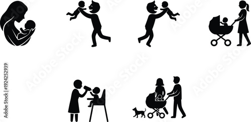 Essential Parenting and Baby Care Icon Set: Silhouette Illustrations of Nursing, Playing, Strolling, and Feeding
