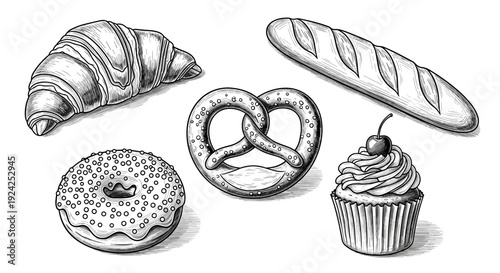 A collection of various baked goods including croissant, pretzel, donut, baguette, and cupcake, hand-drawn