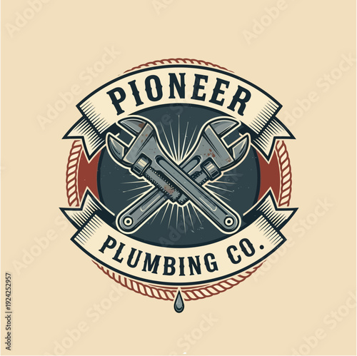 Plumbing Vintage Emblem with Crossed Pipe Wrenches and Text Banner