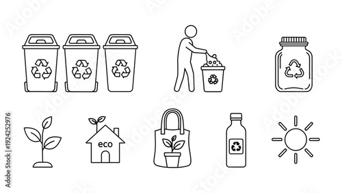 Eco-Friendly Icons: A collection of crisp, clean line art icons that represent environmental sustainability and conservation, perfect for illustrating themes of recycling, reduce waste.